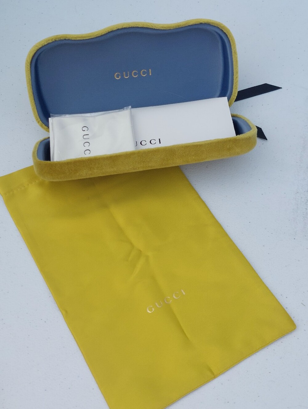 Gucci Yellow Velvet Eyewear Case with Matching Drawstring Pouch